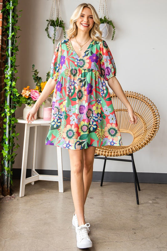 MIMI FLORAL PRINT V NECK SHORT  DRESS