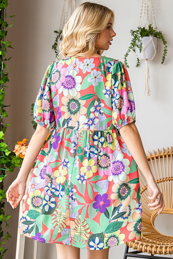 MIMI FLORAL PRINT V NECK SHORT  DRESS