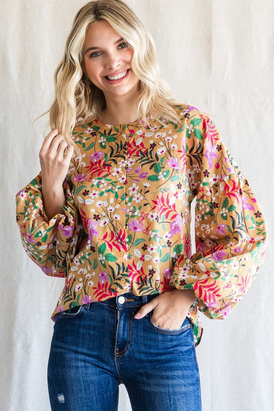 Toffee Floral Print Balloon Sleeves Top