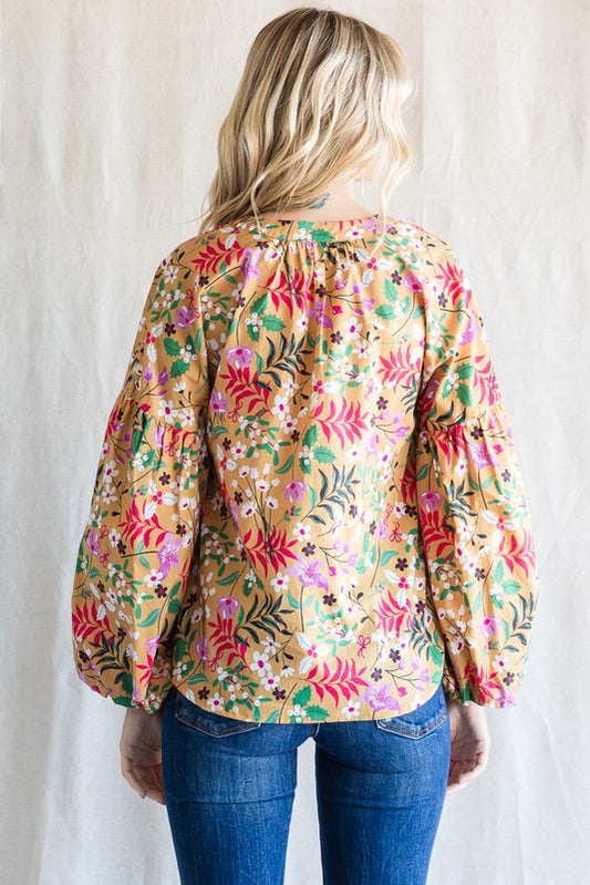 Toffee Floral Print Balloon Sleeves Top