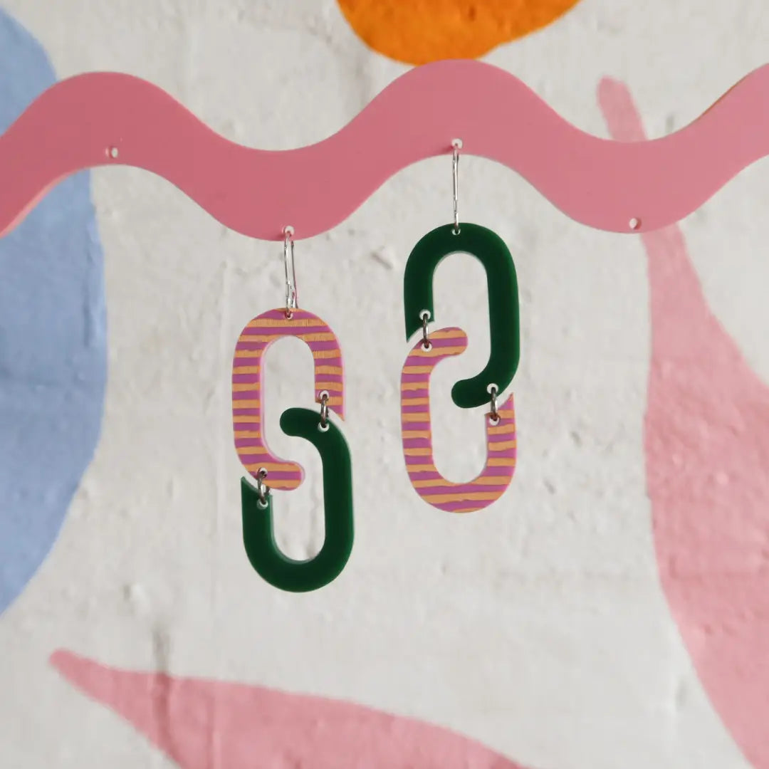 Loopy Chain Green and Purple Dangle Earrings