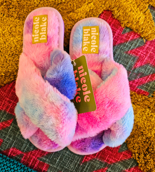 Womens Blue & Purple Fluffy Slippers