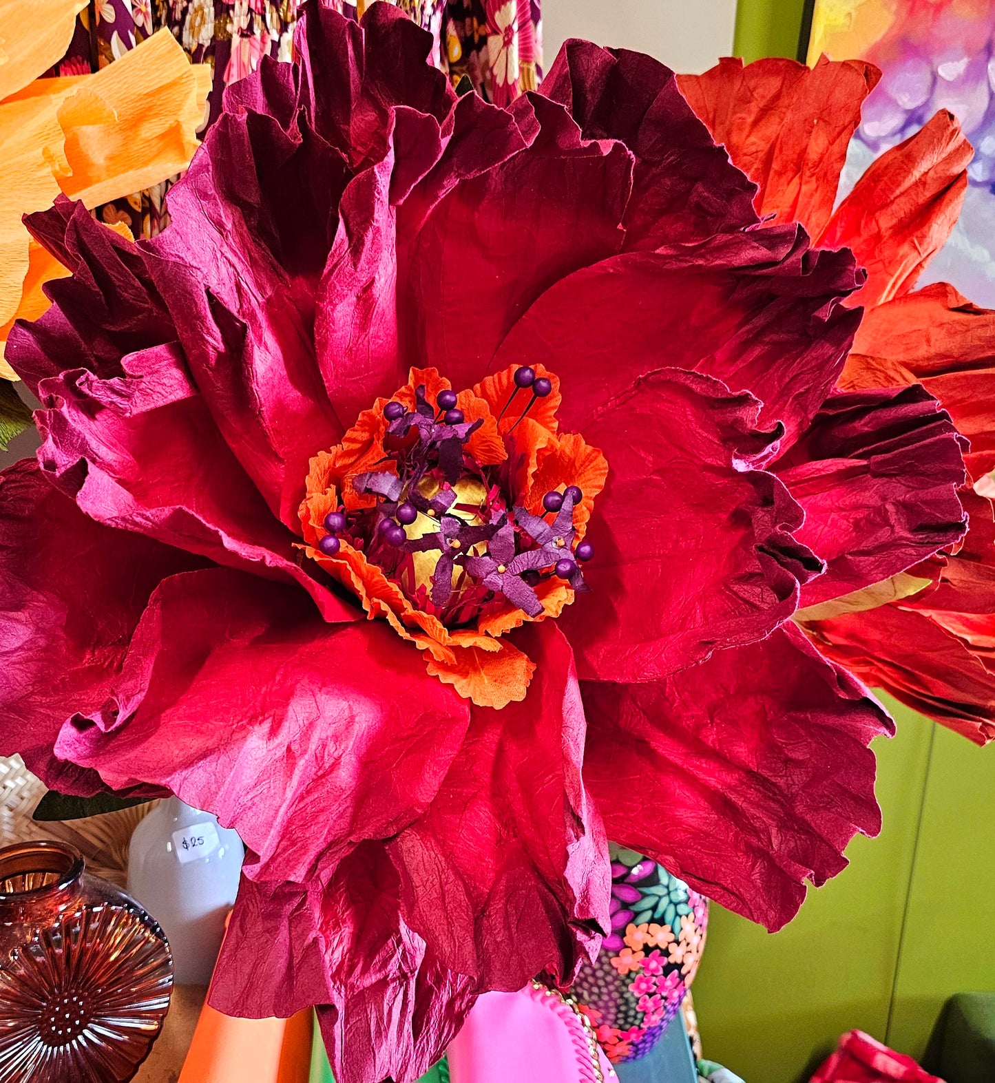 Dancing Paper Flower Red Large Stem