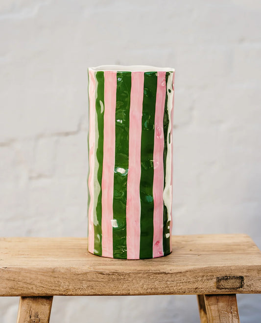 Large Vase - Dark Green & Pink Stripe