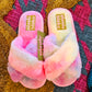 Womens Pink Multi Fluffy Slippers