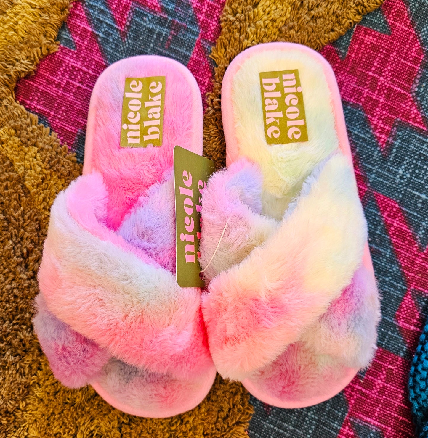 Womens Pink Multi Fluffy Slippers