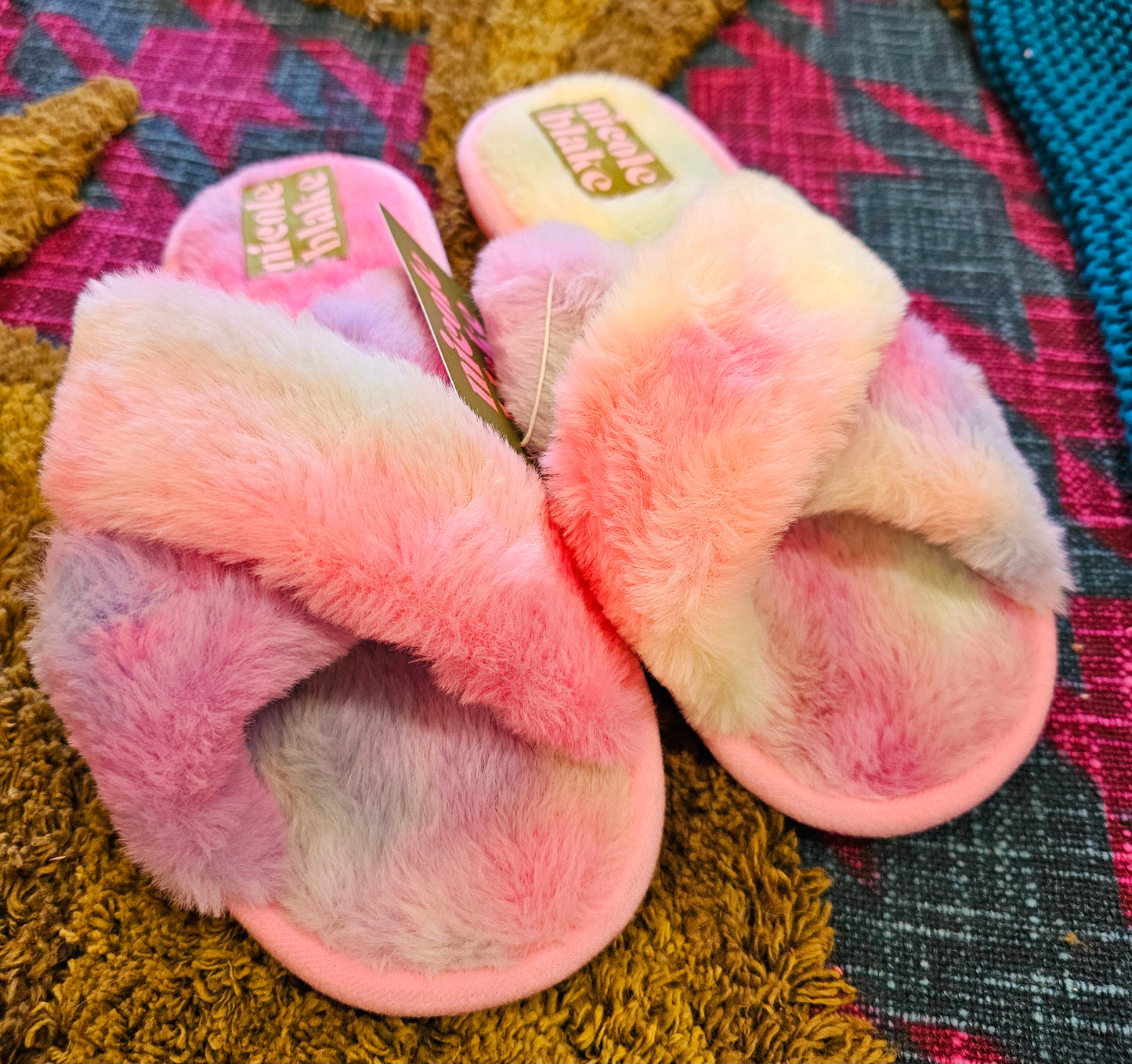 Womens Pink Multi Fluffy Slippers