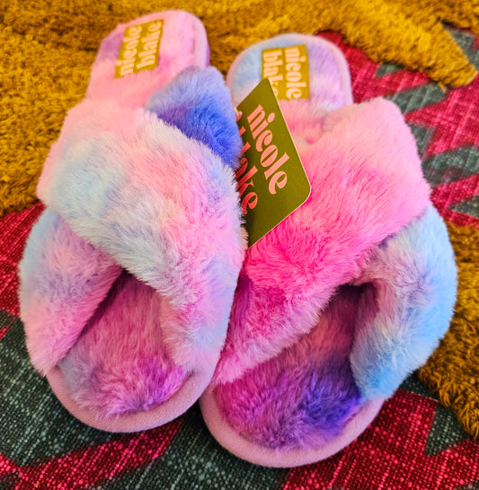 Womens Blue & Purple Fluffy Slippers